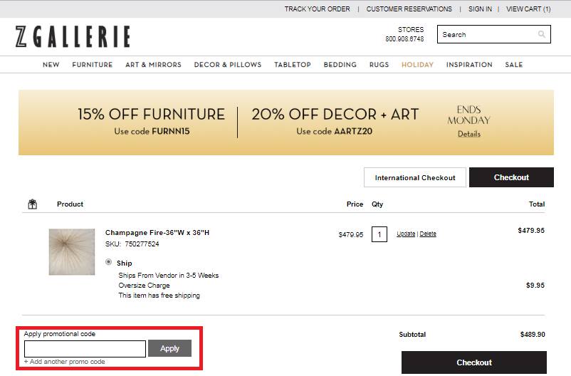 zgallerie promo code shipping